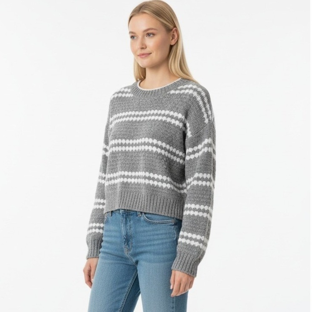 Hooper Grey White Striped Chenille Cropped Sweater Soft Knit Crew Neck Small